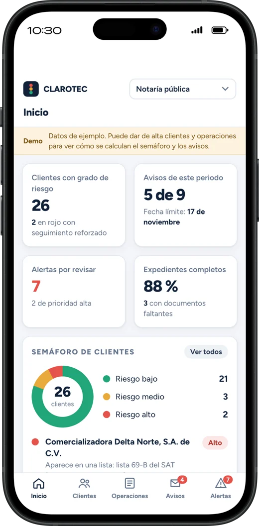 Tablero de CLAROTEC en un celular